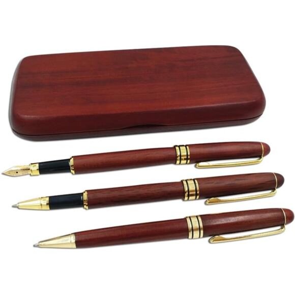 Wooden Pens Set with Gift Case/Best Writing Fountain Fancy Ballpoint Pen - Picture 2 of 8